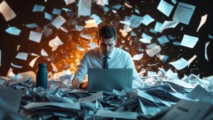 A stressed businessman sits on a pile of crumpled papers, working on a laptop as documents swirl around him like a storm.