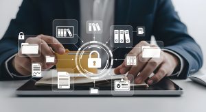 Secure document management system concept with a professional organizing digital files and protecting confidential information online