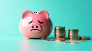 Little sad piggy bank cartoon illustration, pink piggy bank covered in gold coins and money, saving money and getting rich concept, golden coins and asset management, savings related, fail in savings