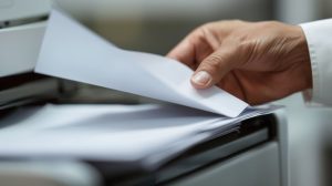 A persons hand picking up a printed document from a printer tray.