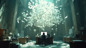 Overwhelmed worker in cluttered office, papers swirling