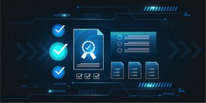 futuristic technology digital verification, checklists, certifications, and document management concept