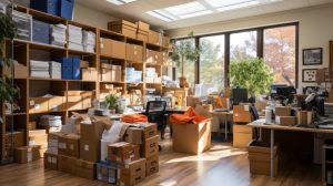 Cluttered office workspace filled with stacked boxes, paper files, and storage shelves, illustrating disorganized document management in a business environment.