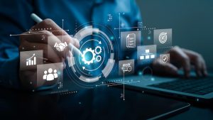 Businessman developing digital automation system and AI workflow optimization, Concept of process management, operational efficiency, business technology, and digital transformation strategy