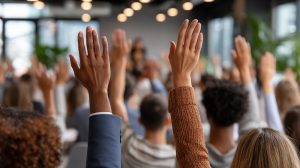 picture of business people with raised hands indicating they want to have access to document management software
