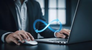 Man with laptop showing infinity symbol. Meaning unlimited users of document management software.
